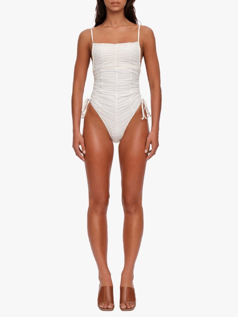 Andrea Iyamah Reco Ruched Mesh One Piece Swimsuit Limestone L NWT